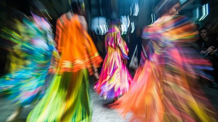 Through the blur of a backstage scene at a fashion week event glimpses of vibrant colors and bold patterns can be seen on the flowing garments hinting at the avantgarde designs that .