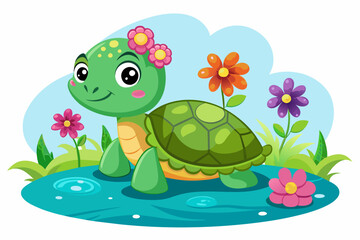 Fototapeta premium Turtle animal cartoon charmingly decorated with flowers.