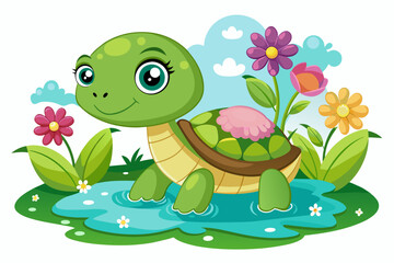 Turtle animal cartoon charmingly poses with flowers adorning its shell.