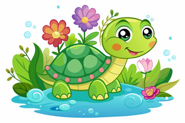 Charming cartoon turtle adorned with colorful flowers brings joy to all who behold it.
