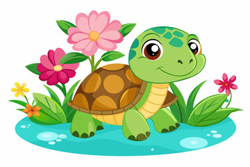 Charming cartoon turtle adorned with colorful flowers brings joy to all who behold it.