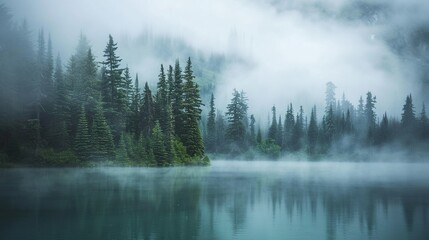 Fog blankets a tranquil lake nestled among trees on a mountain, creating a serene and mystical...