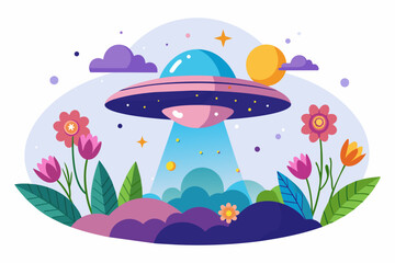 Fototapeta premium A charming UFO adorned with flowers floats serenely against a white backdrop.