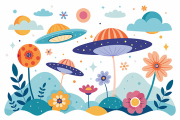 Charming UFOs adorn the sky with a whimsical display of flowers against a pristine white backdrop.