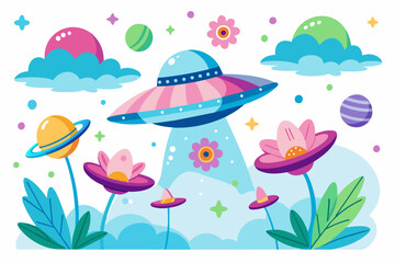 Naklejka premium Charming UFOs adorned with flowers float against a pristine white sky.