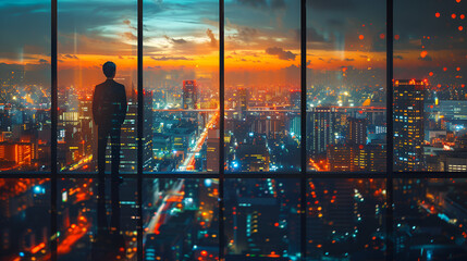 Fototapeta na wymiar background with reflection, Businessman standing on open roof top balcony watching city night view