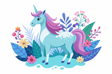 Charming unicorn stands elegantly amidst blooming flowers, its ethereal presence captivating on a pristine white background.