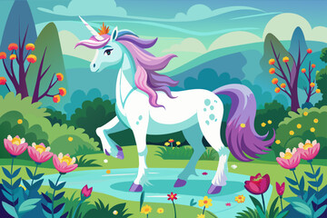 A charming unicorn adorned with colorful flowers stands gracefully on a pristine white background.