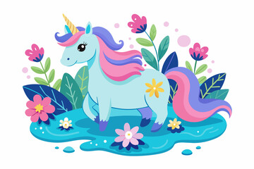 A unicorn with a golden horn stands gracefully amidst a meadow of vibrant flowers, its ethereal presence captivating against a pristine white backdrop.