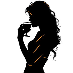 Silhouette of a Woman Drinking a Glass of Alcohol on a White Background