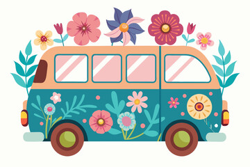 Charming cartoon van adorned with vibrant flowers against a pristine white background.