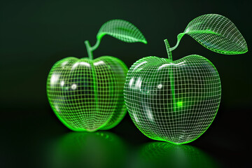 Two green apples made of glowing neon lines on a black background.