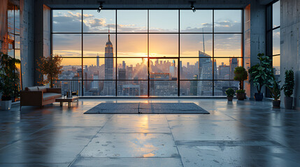sunrise in the city,
Empty loft unfurnished contemporary interior office with city skyline and buildings from glass window - obrazy, fototapety, plakaty