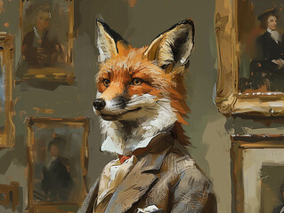 Obraz premium At an art gallery a fox in human form as an art curator