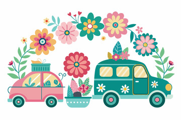Charming vehicles adorned with colorful flowers against a pristine white backdrop. - obrazy, fototapety, plakaty