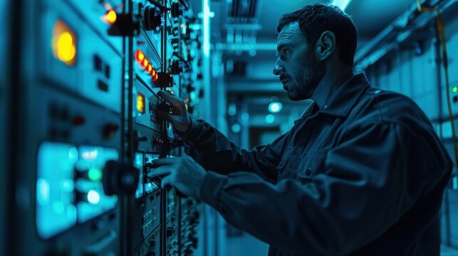 A technician examines the control panel, main system sensors, electromechanical drives, and power management systems