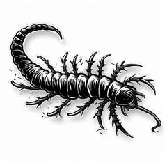 A black and white illustration of a centipede with a scorpion tail.