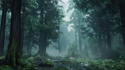Fototapeta na wymiar A dense forest shrouded in fog evokes an ethereal and mysterious atmosphere. Fantasy landscape. Generative AI