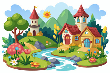 Village cartoon charming with flowers on a white background.