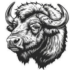 A detailed black and white illustration of an American bison