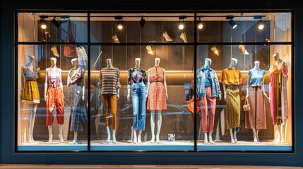 Boutique window display with mannequins in fashionable clothing in the mall