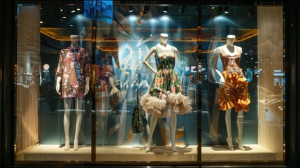 Boutique window display with mannequins in fashionable clothing in the mall - obrazy, fototapety, plakaty