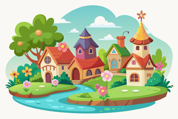 Charming cartoon village adorned with vibrant flowers on a pristine white background.