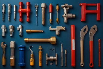 Fototapeta premium Plumbing tools and equipment overhead view on a blue background 