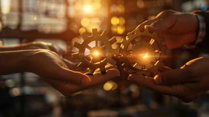 Business process and workflow automation with flowcharts Holding hands together holding wooden gears manages the flow process