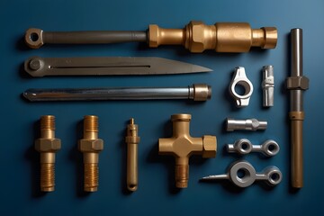 Plumbing tools and equipment overhead view on a blue background
