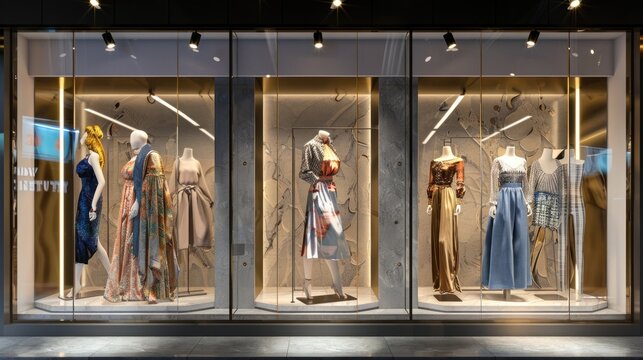 Boutique window display with mannequins in fashionable clothing in the mall