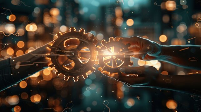 Business process and workflow automation with flowcharts Holding hands together holding wooden gears manages the flow process