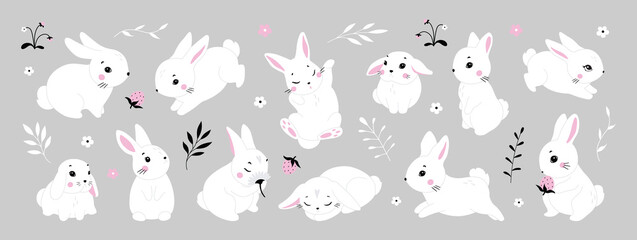 Cute white rabbit in various poses. Rabbit animal icon isolated on background. For Moon Festival, Chinese Lunar Year of the Rabbit, Easter decor. White Easter bunny, hare. Wild animals, baby animals