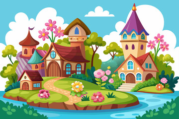 Charming village cartoon with vibrant flowers adorning every corner on a pure white background.