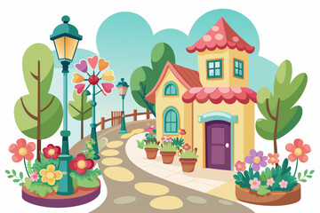 Villages filled with charming cartoon homes adorned with colorful flowers