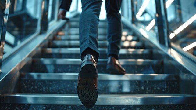 Close-up of a businessman running up the stairs