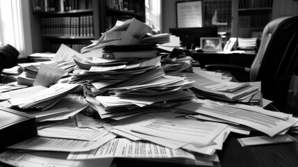 At the end of a long day a paralegals desk is covered in a chaotic mess of papers reflecting the intense and fastpaced nature of their job as they navigate through various legal documents . - obrazy, fototapety, plakaty