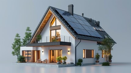 3d project of a private house with solar panels on the roof on a gray background.