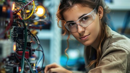 Engineer caucasian woman learning repair electric board in class