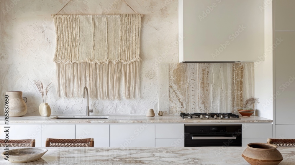 Aufkleber in a modern kitchen with clean lines and neutral colors a small woven wall hanging hangs on the back