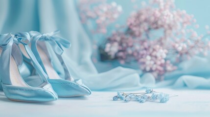 Fototapeta na wymiar Elegant attire, soft focus on blue accessories, pastel background, grace , 8k