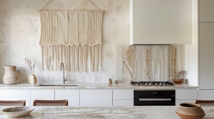 In a modern kitchen with clean lines and neutral colors a small woven wall hanging hangs on the backsplash adding a subtle touch of texture and warmth. The simplicity of the design . - obrazy, fototapety, plakaty