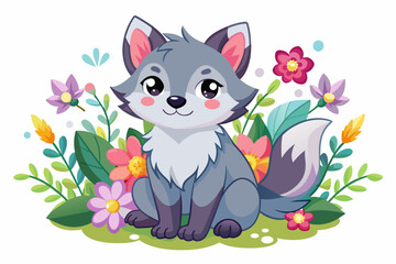 Obraz premium Cute wolf animals in charming cartoon style adorned with vibrant flowers.