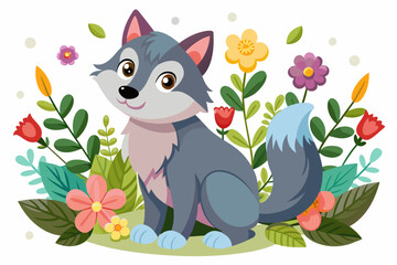 Charming wolf animal adorned with flowers, depicted in a cartoonish style.