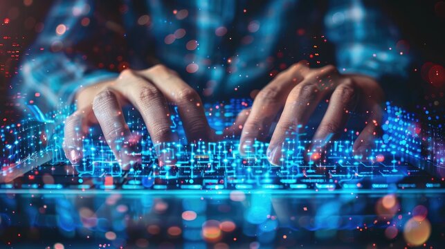 The fingers of a programmer working on a virtual keyboard. The concept of virtual reality.