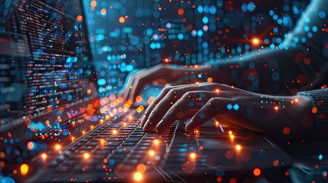 A programmer working with binary code. The concept of virtual reality. - Powered by Adobe