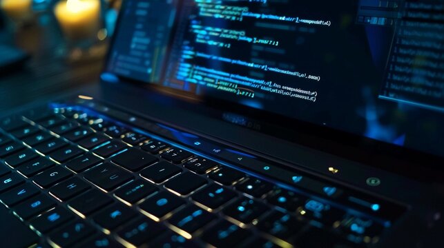 Laptop with code on screen, closeup, hacker aesthetic, dark theme , 8k