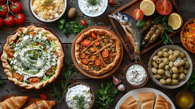 "Authentic Greek Cuisine: Delicious Meze and More on Wood Background"
