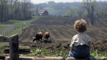 A young child sits on a wooden fence back facing the camera as they watch a neighbor plow the fields with a team of oxen. . . - obrazy, fototapety, plakaty