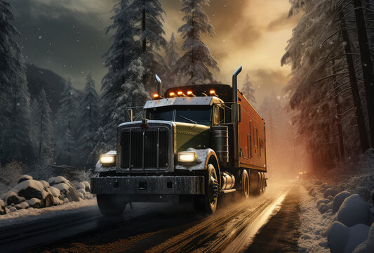 Truck driving game with truck on the road, realistic, game art style, action movie poster, red and dark gray tones. Created with Ai